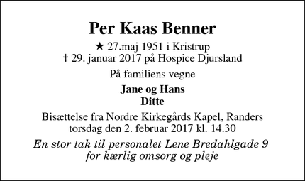 Dødsannoncen for Per Kaas Benner - Randers