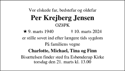 Dødsannoncen for Per Krejberg Jensen - Kirke Esbønderup