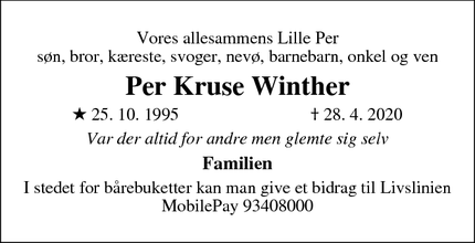 Dødsannoncen for Per Kruse Winther - Skarp Salling