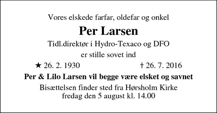 Dødsannoncen for Per Larsen - Hørsholm