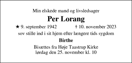 Dødsannoncen for Per Lorang - Taastrup 