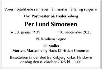 Dødsannoncen for Per Lund Simonsen - lyngby