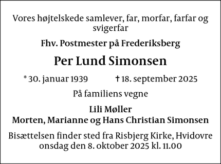 Dødsannoncen for Per Lund Simonsen - lyngby