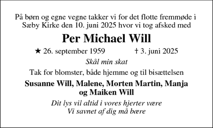 Dødsannoncen for Per Michael Will - sæby 4270 høng