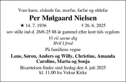 Dødsannoncen for Per Mølgaard Nielsen - Veksø