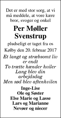 Dødsannoncen for Per Møller Svenstrup - Kølby
