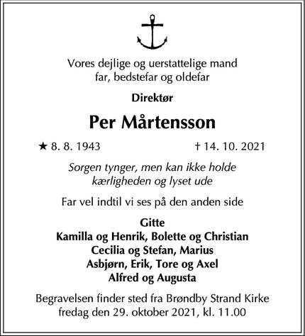 Dødsannoncen for Per Mårtensson - Brøndby Strand