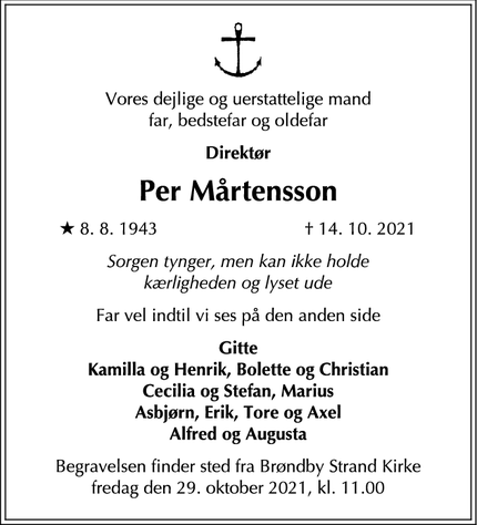 Dødsannoncen for Per Mårtensson - Brøndby Strand