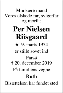 Dødsannoncen for Per Nielsen
Riisgaard - NØRRESUNDBY