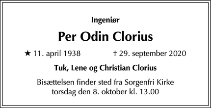 Dødsannoncen for Per Odin Clorius - Virum
