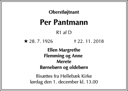 Dødsannoncen for Per Pantmann - Ålsgårde, Danmark