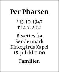 Dødsannoncen for Per Pharsen - Frederiksberg