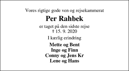 Dødsannoncen for Per Rahbek - Skjern