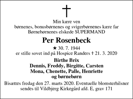 Dødsannoncen for Per Rosenbeck - Randers/Vildbjerg