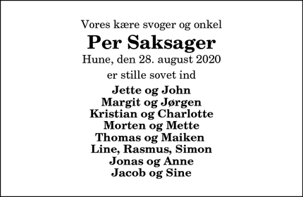 Dødsannoncen for Per Saksager - Hune