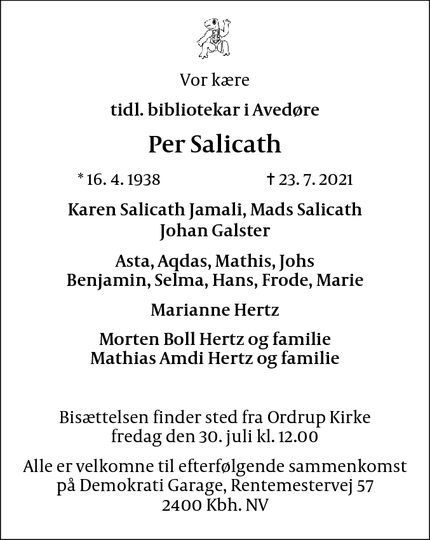 Dødsannoncen for Per Salicath - Gentofte