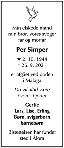 Dødsannoncen for Per Simper - Korsør. ‘Alora.