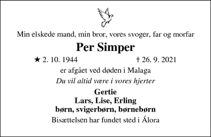 Dødsannoncen for Per Simper - Korsør. ‘Alora.