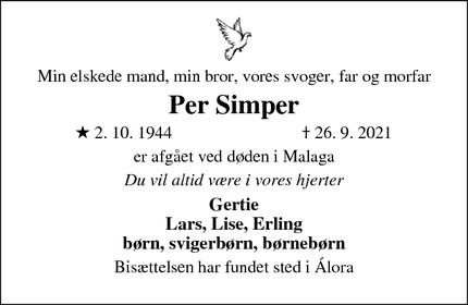Dødsannoncen for Per Simper - Korsør.   ‘Alora.