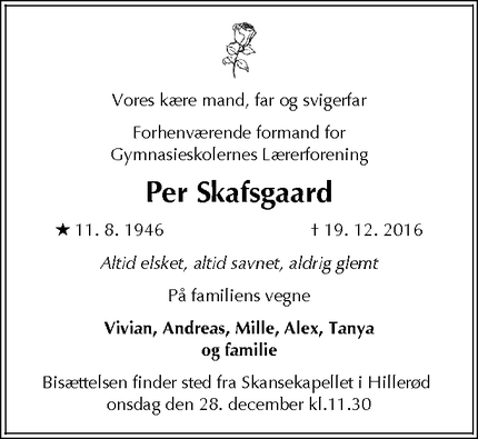 Dødsannoncen for Per Skafsgaard - Helsingør