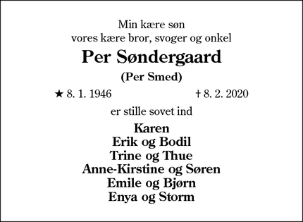 Dødsannoncen for Per Søndergaard - Ribe