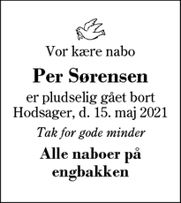 Dødsannoncen for Per Sørensen - Hodsager 