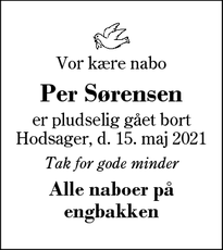 Dødsannoncen for Per Sørensen - Hodsager 