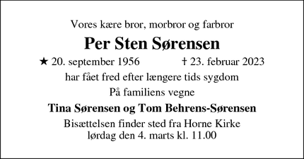 Dødsannoncen for Per Sten Sørensen - Horne