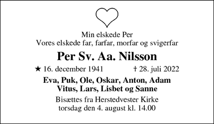 Dødsannoncen for Per Sv. Aa. Nilsson - Glostrup