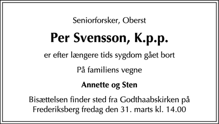 Dødsannoncen for Per Svensson, K.p.p. - Frederiksberg