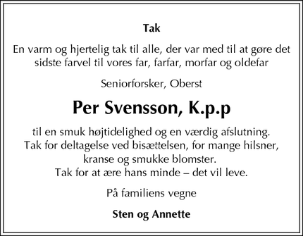 Taksigelsen for Per Svensson, K.p.p - Frederiksberg