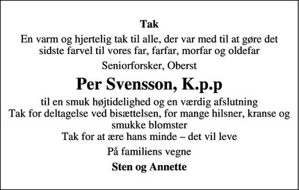 Taksigelsen for Per Svensson, K.p.p - Frederiksberg