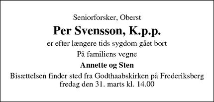 Dødsannoncen for Per Svensson, K.p.p. - Frederiksberg