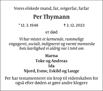 Dødsannoncen for Per Thymann - Holbæk