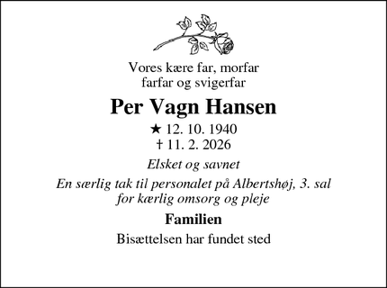 Dødsannoncen for Per Vagn Hansen - Kirke Hyllinge