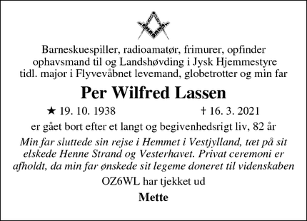 Dødsannoncen for Per Wilfred Lassen - Vejle