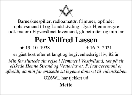 Dødsannoncen for Per Wilfred Lassen - Vejle