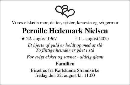 Dødsannoncen for Pernille Hedemark Nielsen - Fredensborg