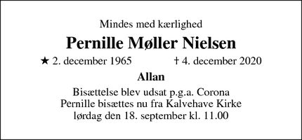 Dødsannoncen for Pernille Møller Nielsen - Stege, Svensmarke