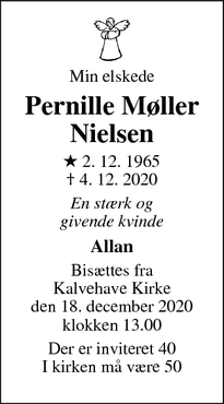 Dødsannoncen for Pernille Møller
Nielsen - Svensmarke