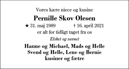 Dødsannoncen for Pernille Skov Olesen - Herning