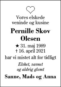 Dødsannoncen for Pernille Skov
Olesen - Herning