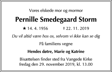 Dødsannoncen for Pernille Smedegaard Storm - Vangede
