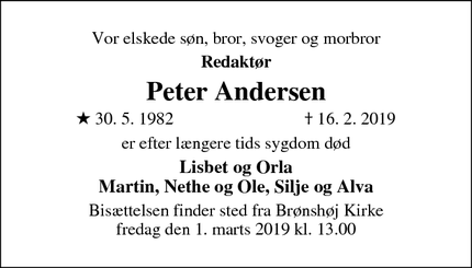 Dødsannoncen for Peter Andersen - Brønshøj / København