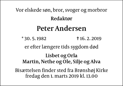 Dødsannoncen for Peter Andersen - Brønshøj / København