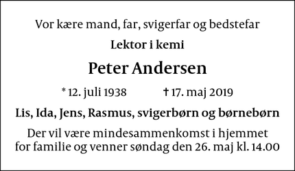 Dødsannoncen for Peter Andersen - Frederiksberg