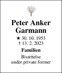 Dødsannoncen for Peter Anker
Garmann - skælskør