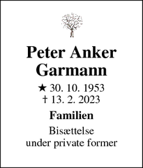 Dødsannoncen for Peter Anker
Garmann - skælskør
