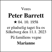 Dødsannoncen for Peter Barrett - Silkeborg