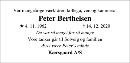 Dødsannoncen for Peter Berthelsen - Sdr. Rind
